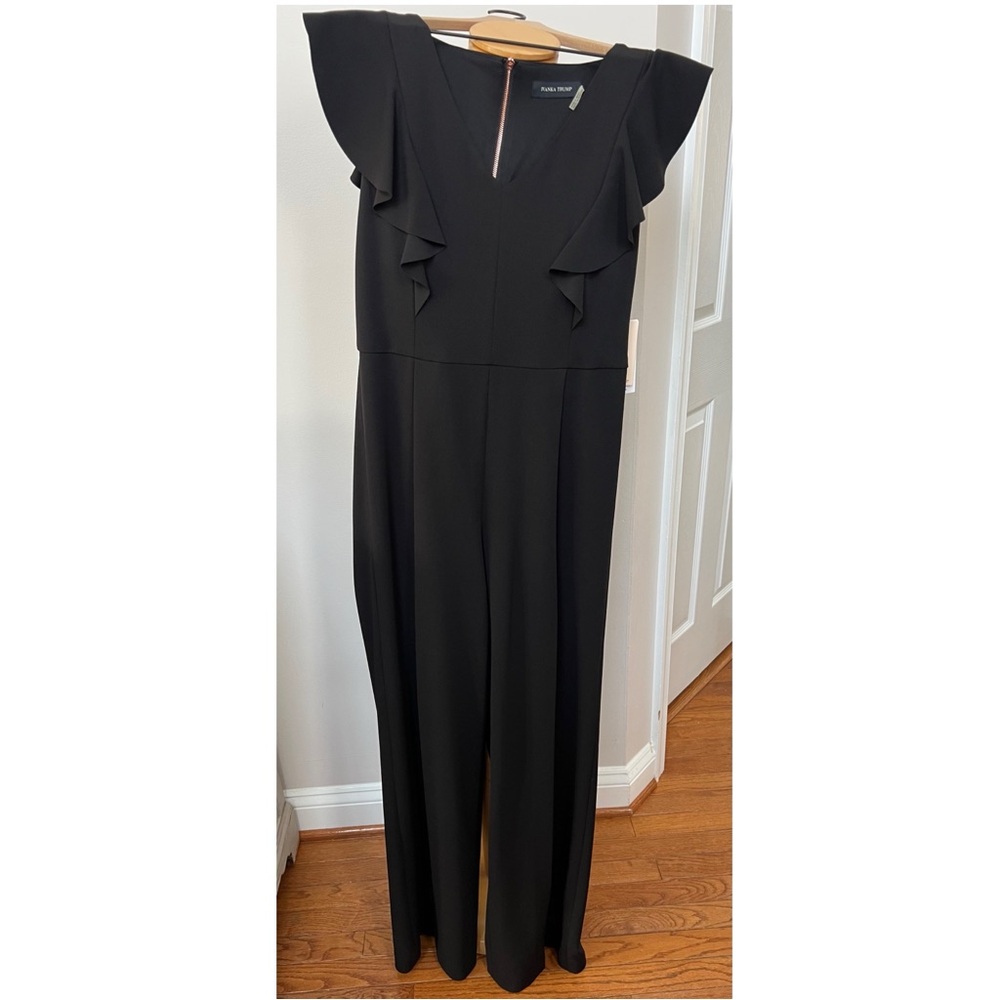 Ivanka Trump Black Jumpsuit Ruffle Sleeve Wide Leg V Neck NWT Women’s Size 10
